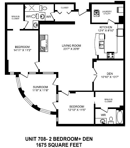 Floor plan for 2 beds, 2.5 baths, 1675 sqft