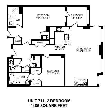 Floor plan for 2 beds, 2.5 baths, 1485 sqft