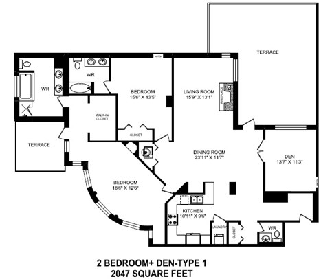 Floor plan for 2 beds, 2.5 baths, 2047 sqft