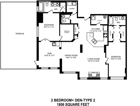Floor plan for 2 beds, 2.5 baths, 1806 sqft