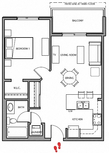 Floor plan for 1 bed, 1 bath, 638 sqft