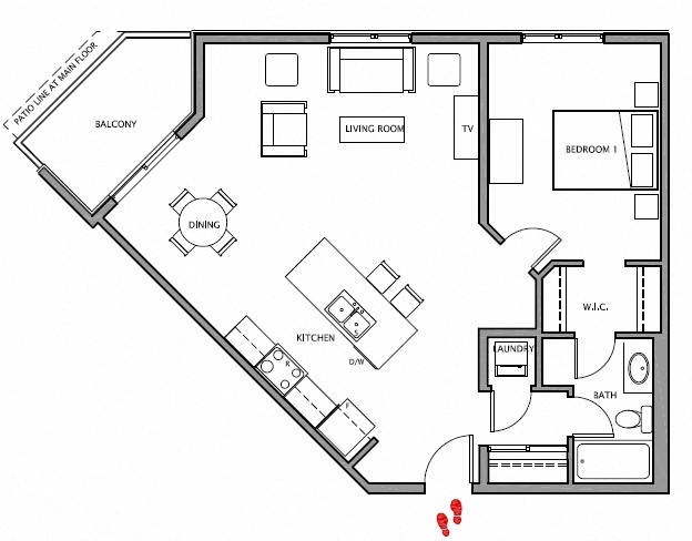 Floor plan for 1 bed, 1 bath, 837 sqft