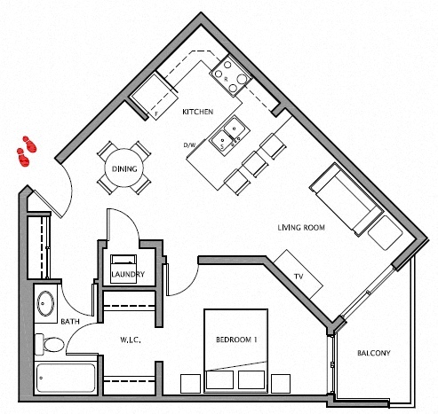 Floor plan for 1 bed, 1 bath, 628 sqft