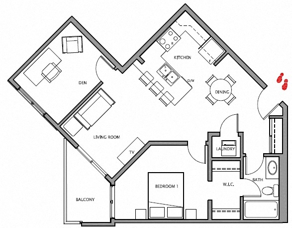 Floor plan for 1 bed, 1 bath, 758 sqft
