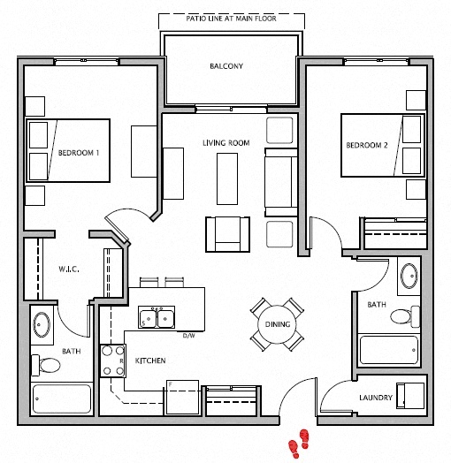 Floor plan for 2 beds, 2 baths, 897 sqft