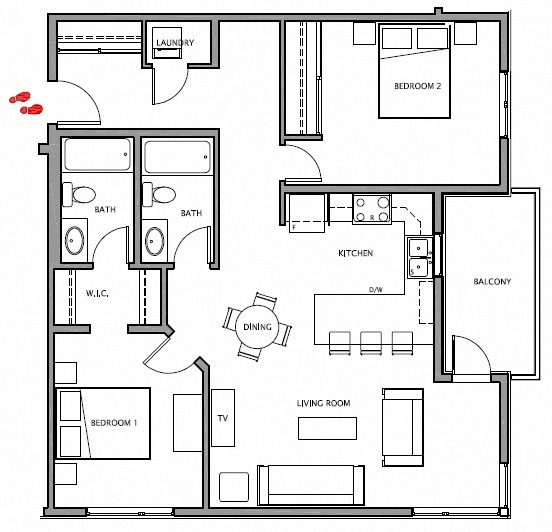 Floor plan for 2 beds, 2 baths, 1071 sqft