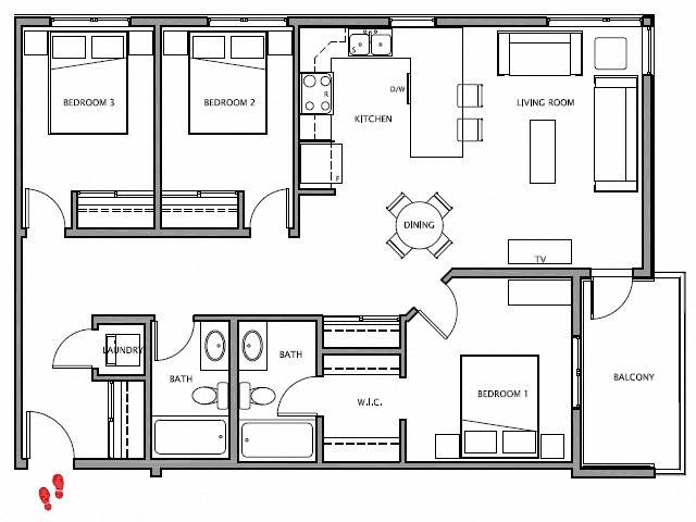 Floor plan for 3 beds, 2 baths, 1118 sqft