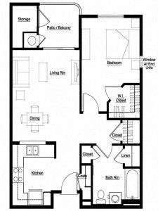 Floor plan for 1 bed, 1 bath, 749 sqft