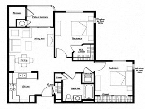 Floor plan for 2 beds, 1 bath, 922 sqft