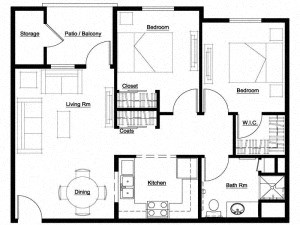Floor plan for 2 beds, 1 bath, 850 sqft