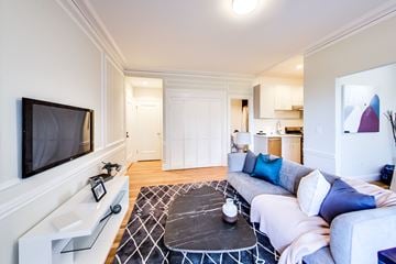 San Francisco apartment for rent - A living room with a grey couch and a black and white patterned rug.