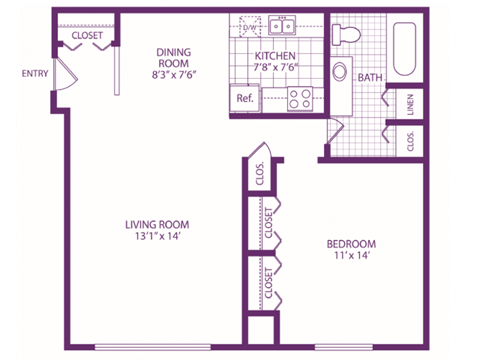 Floor plan for 1 bed, 1 bath, 720 sqft