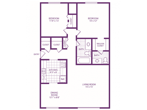 Floor plan for 2 beds, 1.5 baths, 925 sqft