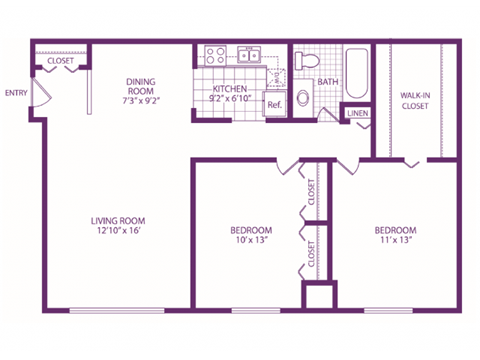 Floor plan for 2 beds, 1 bath, 910 sqft