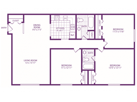Floor plan for 3 beds, 2 baths, 1075 sqft