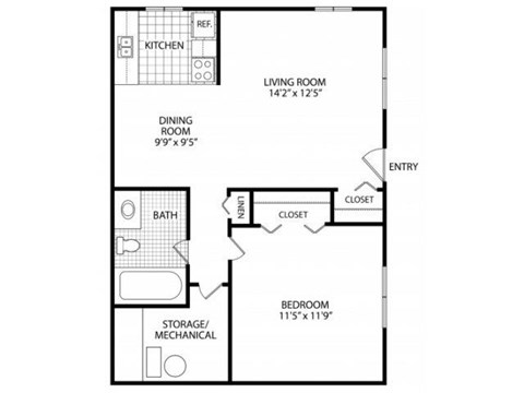 Floor plan for 1 bed, 1 bath, 600 sqft