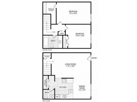 Floor plan for 2 beds, 1.5 baths, 1000 sqft