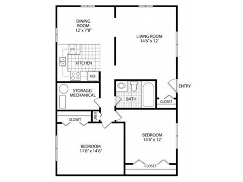 Floor plan for 2 beds, 1 bath, 900 sqft