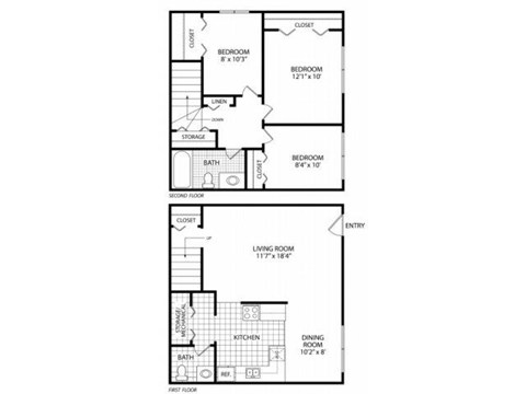 Floor plan for 3 beds, 1.5 baths, 1100 sqft