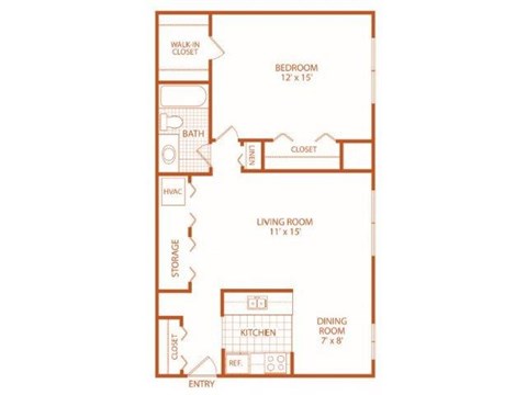Floor plan for 1 bed, 1 bath, 800 sqft