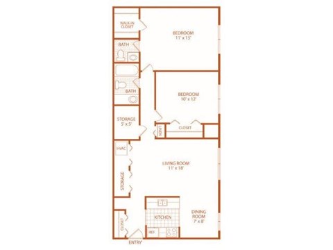 Floor plan for 2 beds, 1.5 baths, 1000 sqft