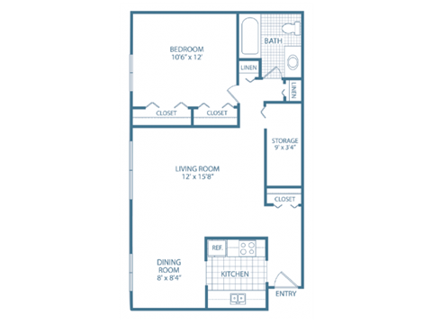 Floor plan for 1 bed, 1 bath, 800 sqft