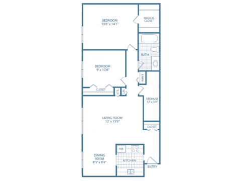 Floor plan for 2 beds, 1 bath, 1000 sqft