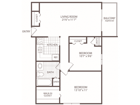 Floor plan for 2 beds, 1 bath, 850 sqft