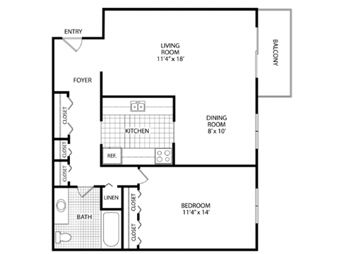 Floor plan for 1 bed, 1 bath, 800 sqft