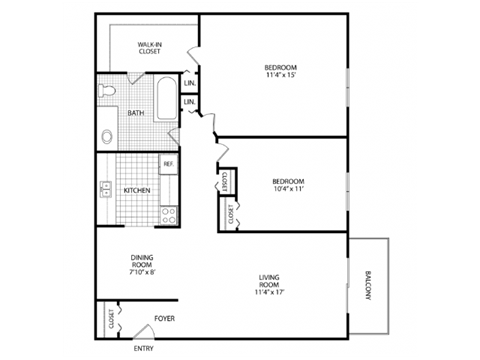 Floor plan for 2 beds, 1 bath, 985 sqft