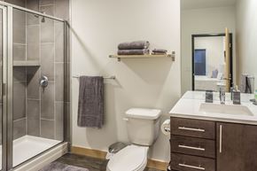 Dakota Dunes apartment for rent - a bathroom with a shower toilet and sink and a mirror
