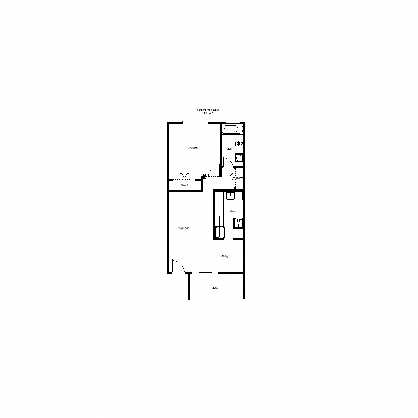 Floor plan for 1 bed, 1 bath, 592 sqft