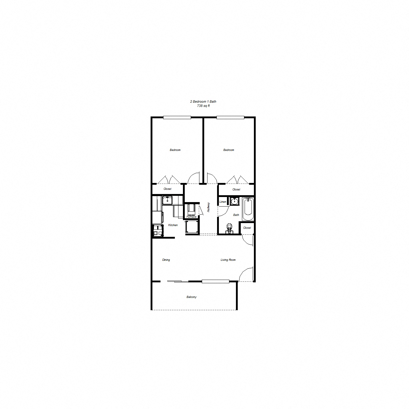 Floor plan for 2 beds, 1 bath, 835 sqft