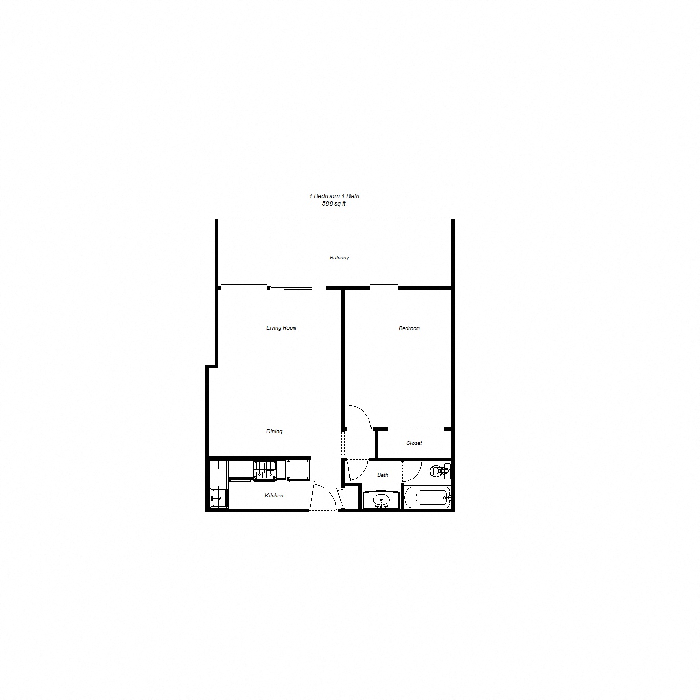 Floor plan for 1 bed, 1 bath, 588 sqft