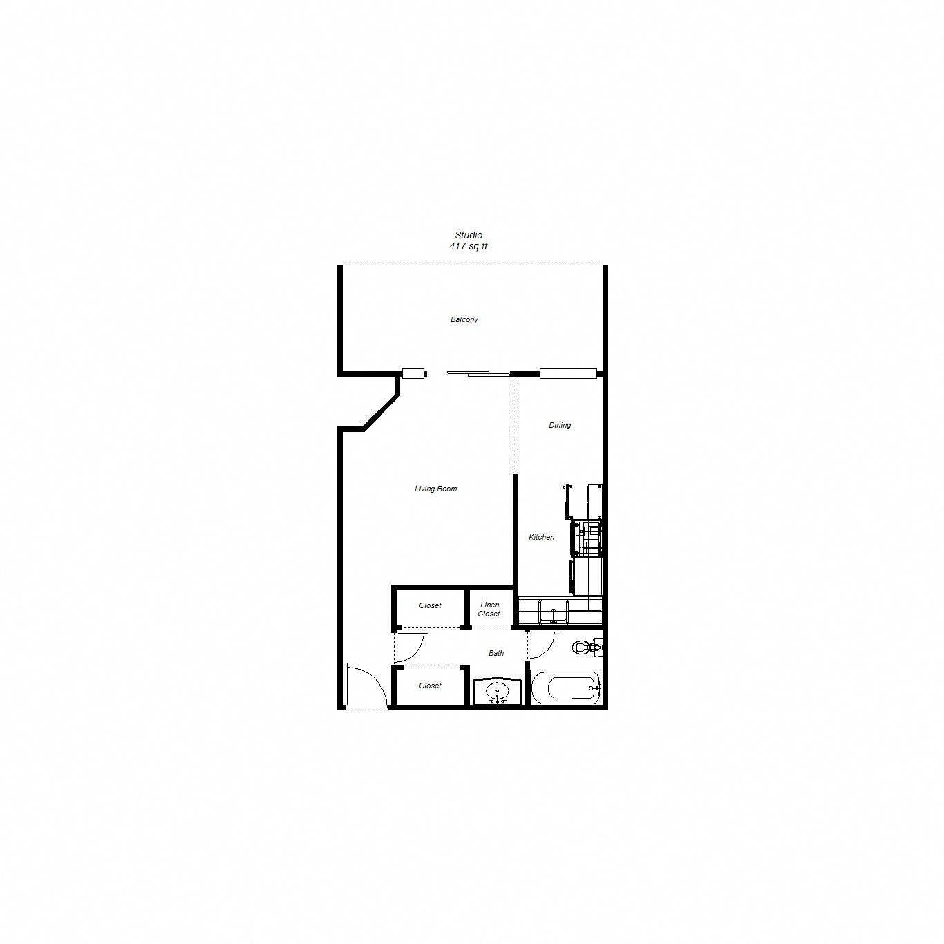 Floor plan for studio, 1 bath, 417 sqft