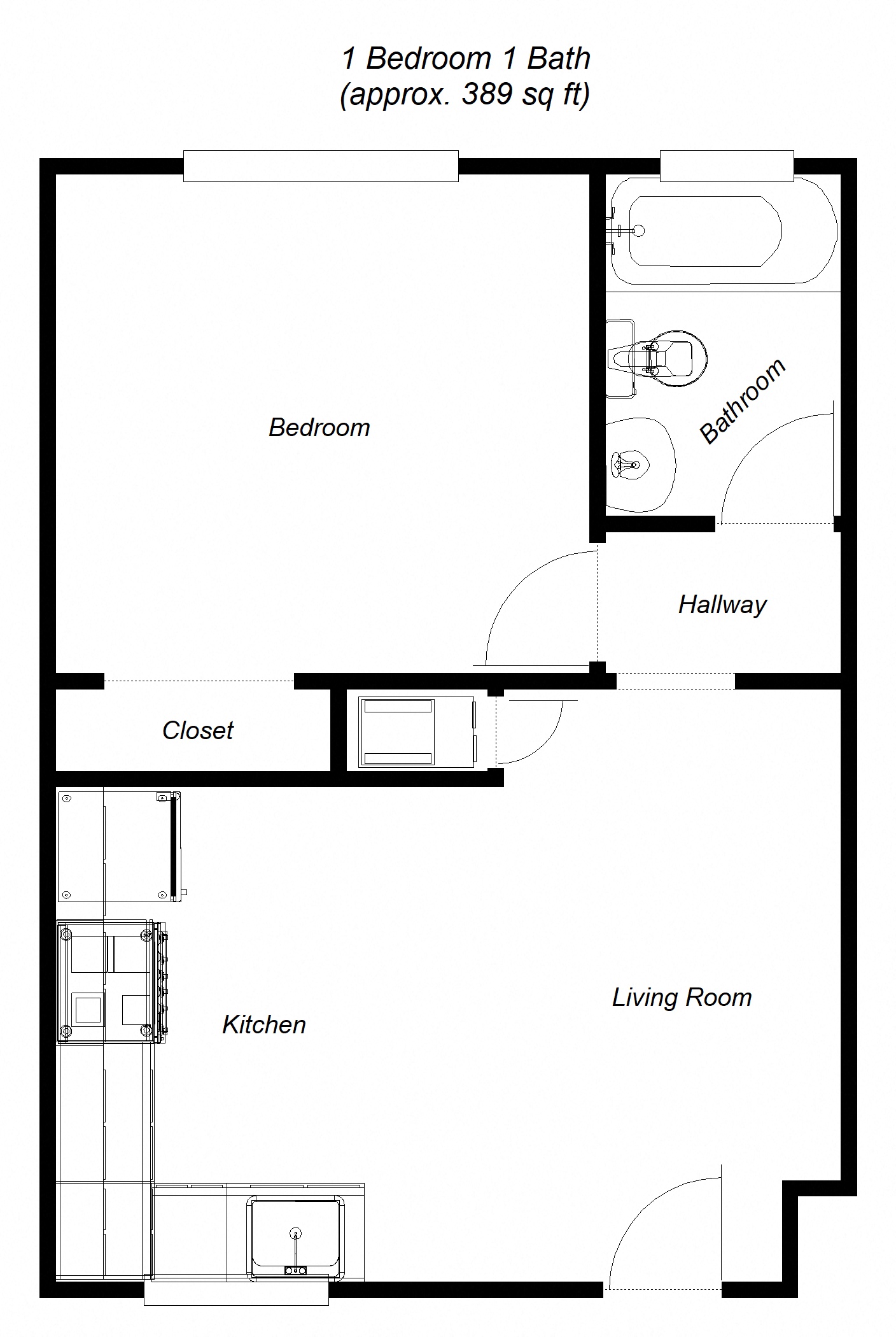 Floor plan for 1 bed, 1 bath, 389 sqft
