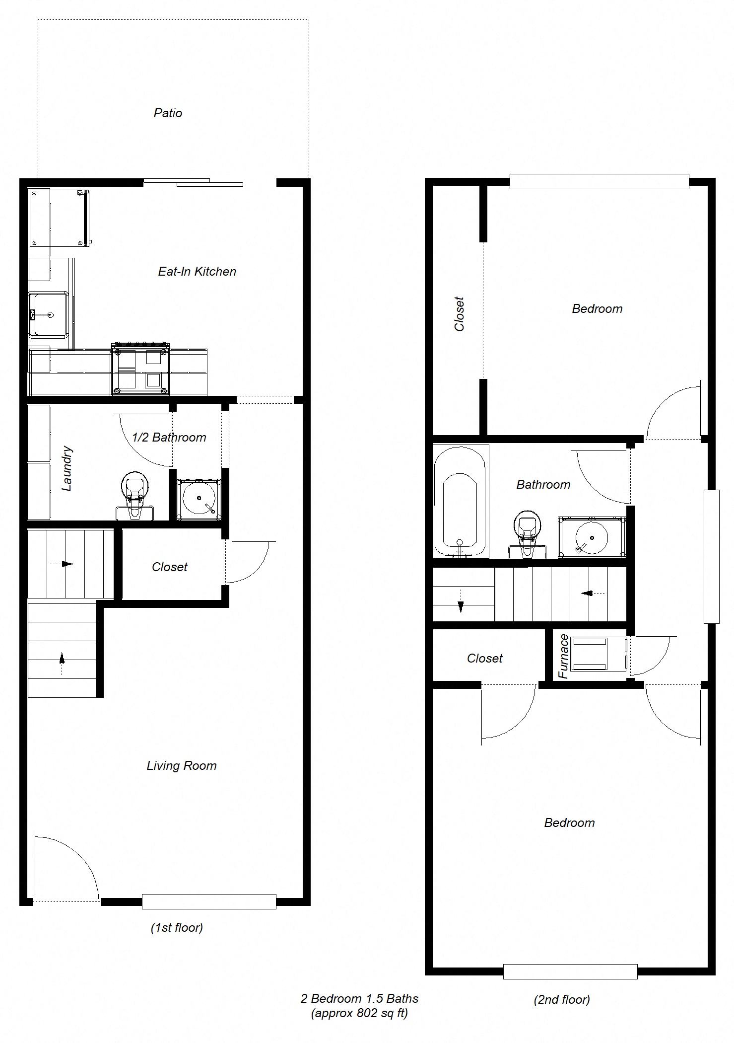 Floor plan for 2 beds, 1.5 baths, 802 sqft