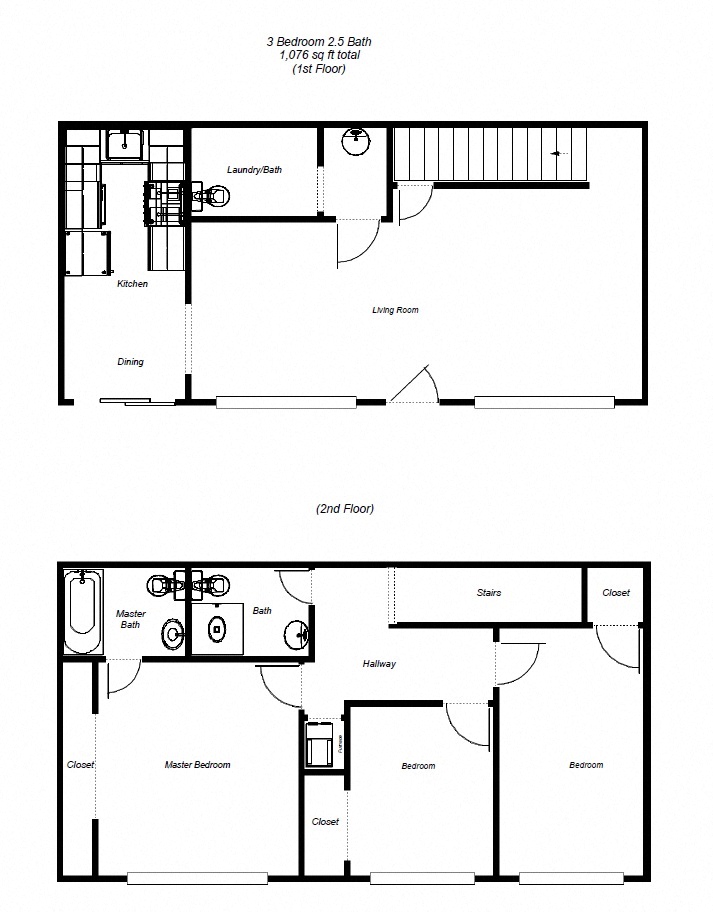 Floor plan for 3 beds, 2.5 baths, 1076 sqft