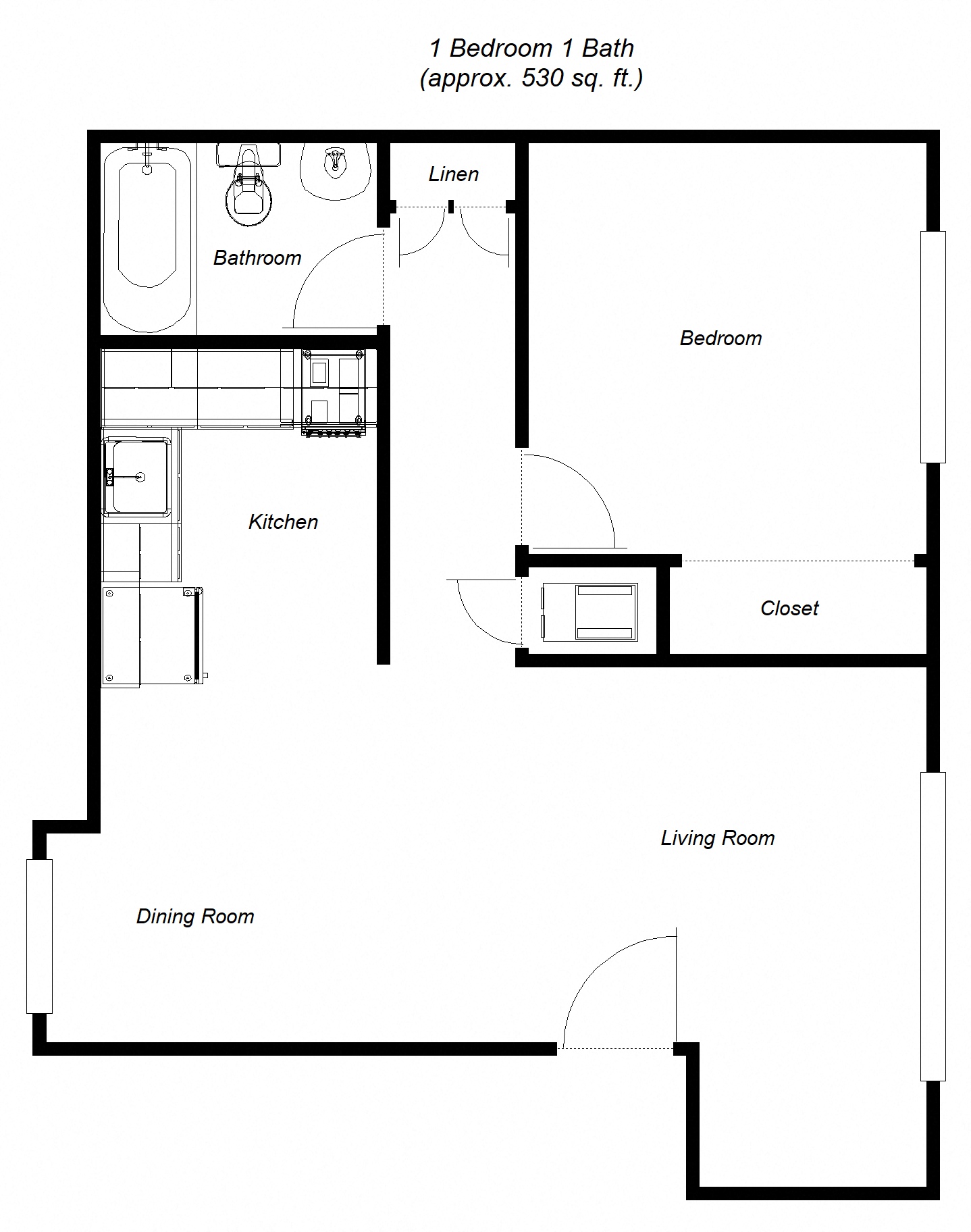 Floor plan for 1 bed, 1 bath, 530 sqft