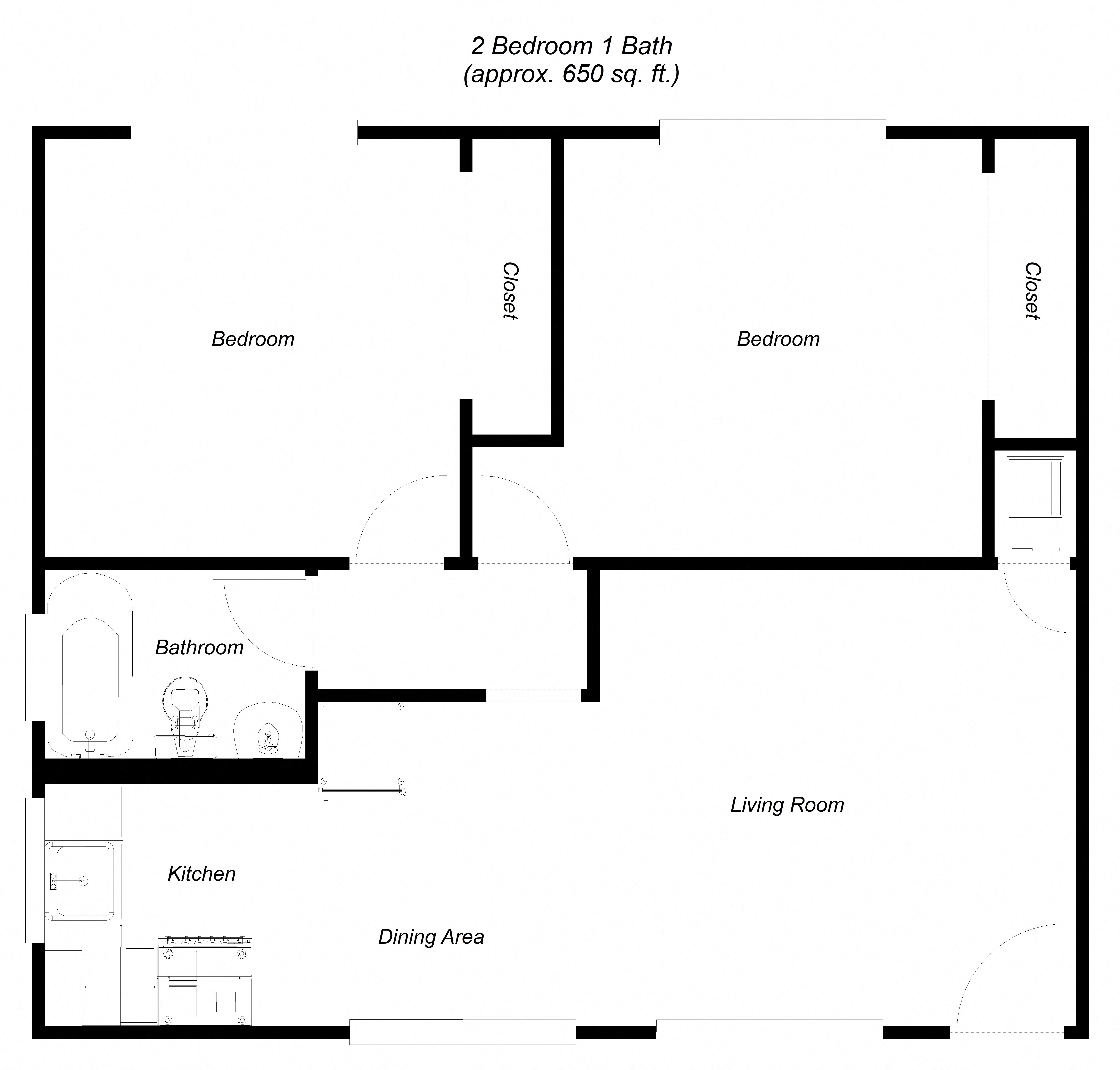 Floor plan for 2 beds, 1 bath, 760 sqft