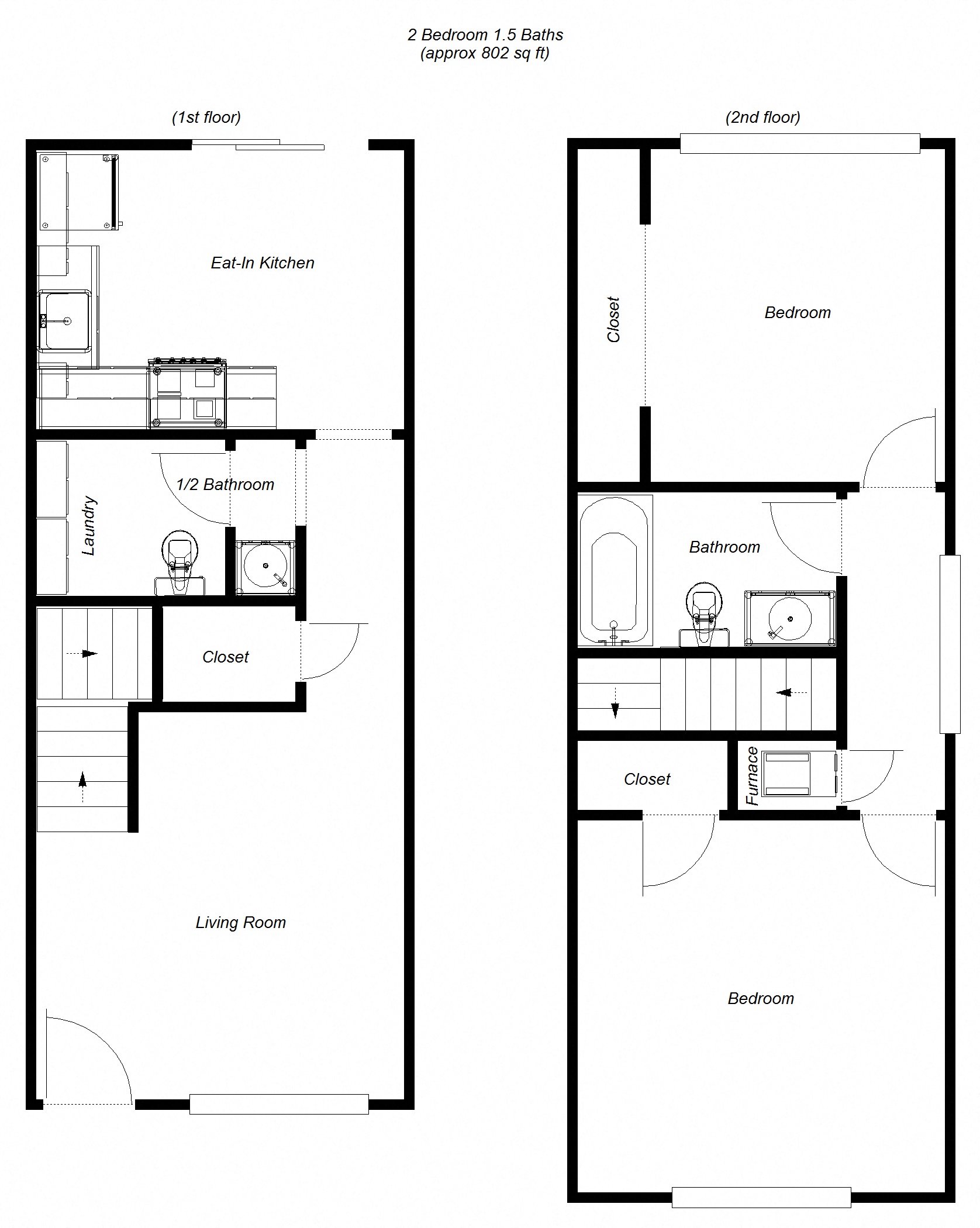 Floor plan for 2 beds, 1.5 baths, 802 sqft