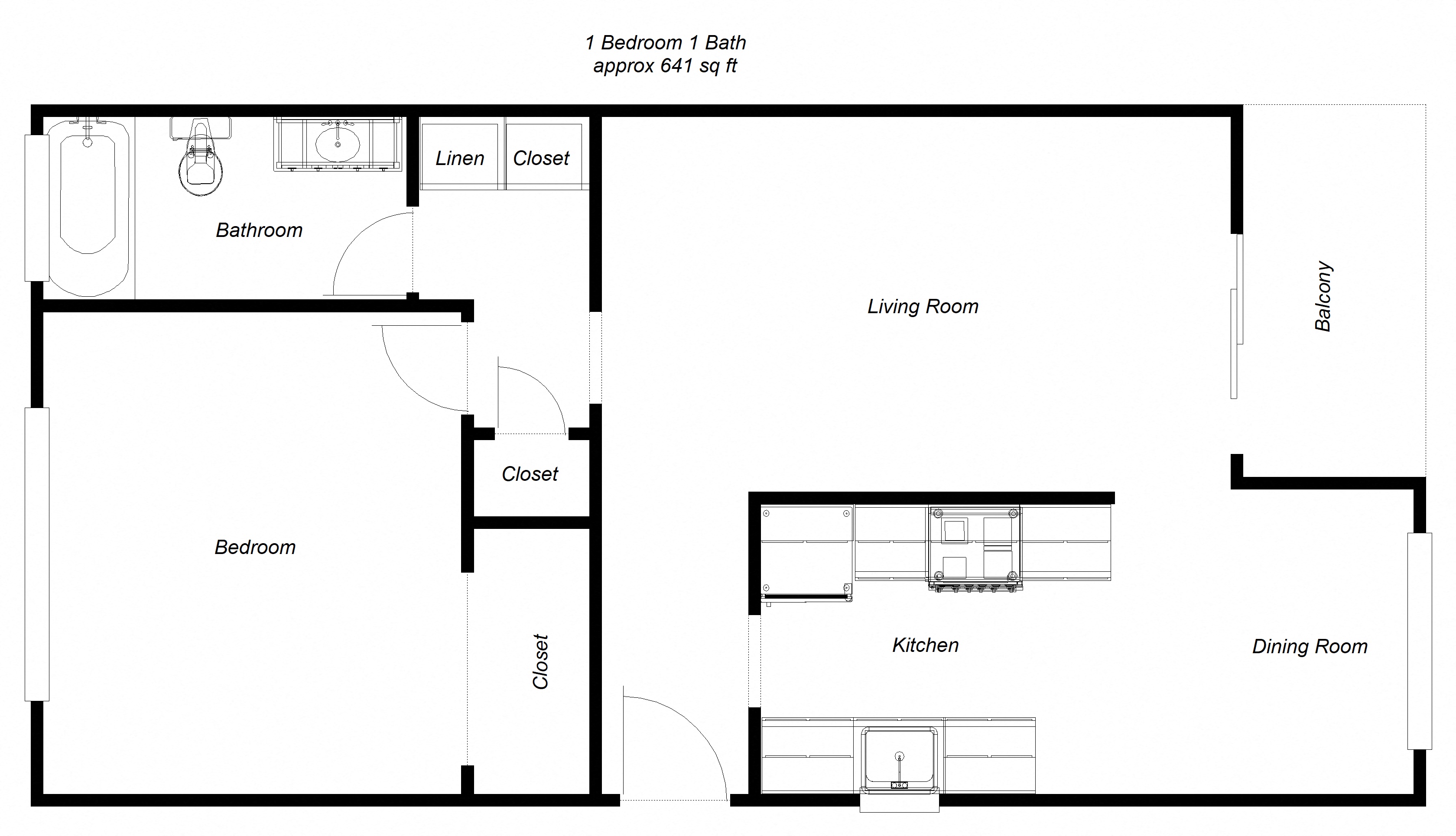 Floor plan for 1 bed, 1 bath, 641 sqft