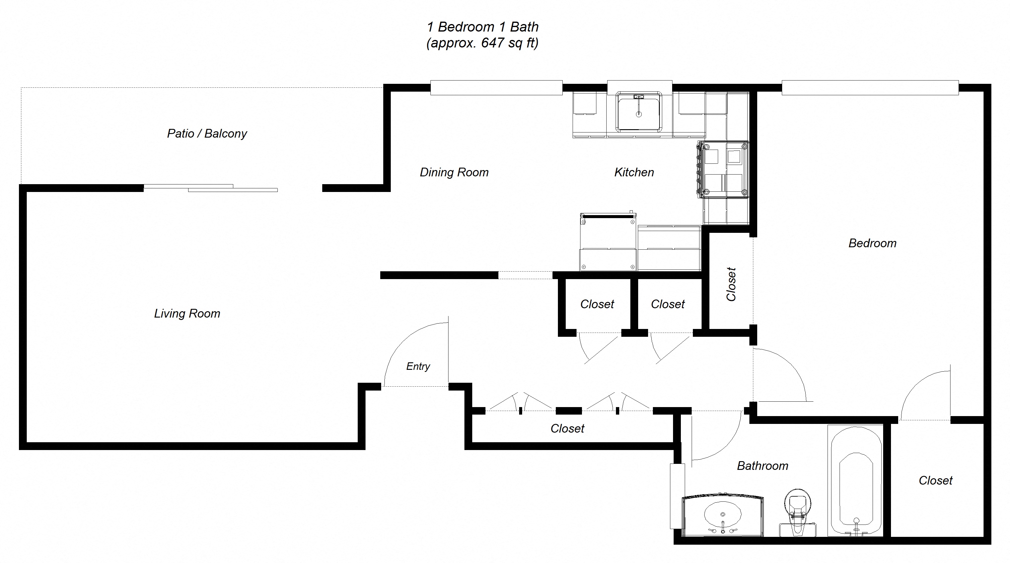 Floor plan for 1 bed, 1 bath, 647 sqft