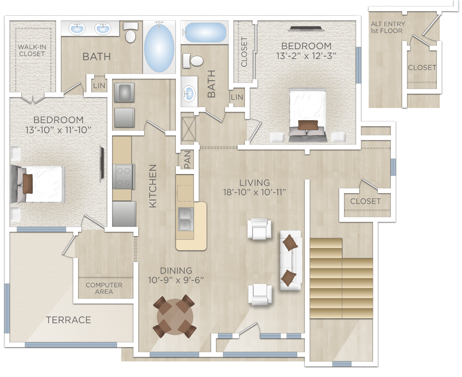 Floor plan for 2 beds, 2 baths, 1327 sqft