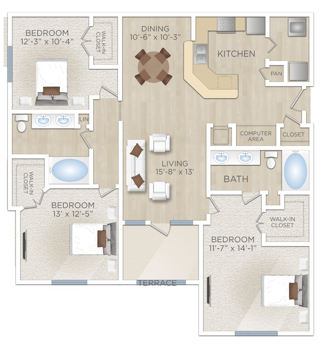 Floor plan for 3 beds, 2 baths, 1397 sqft