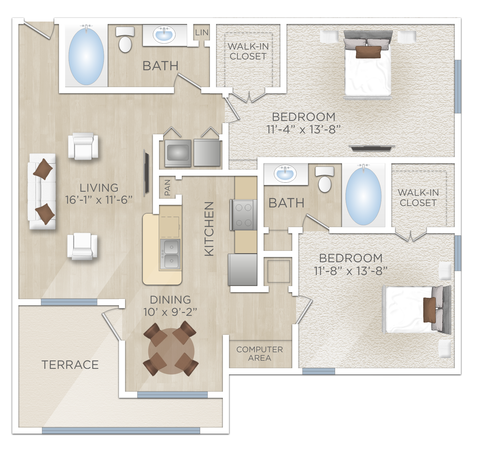 Floor plan for 2 beds, 2 baths, 1065 sqft