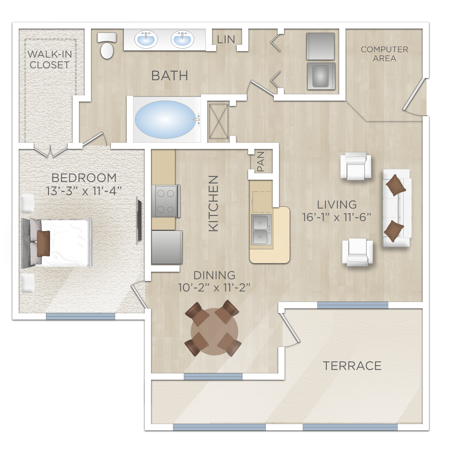 Floor plan for 1 bed, 1 bath, 852 sqft