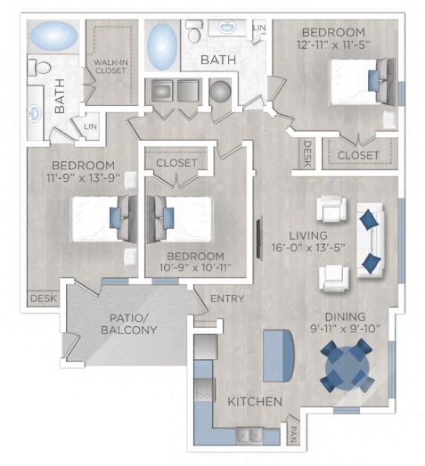 Floor plan for 3 beds, 2 baths, 1365 sqft