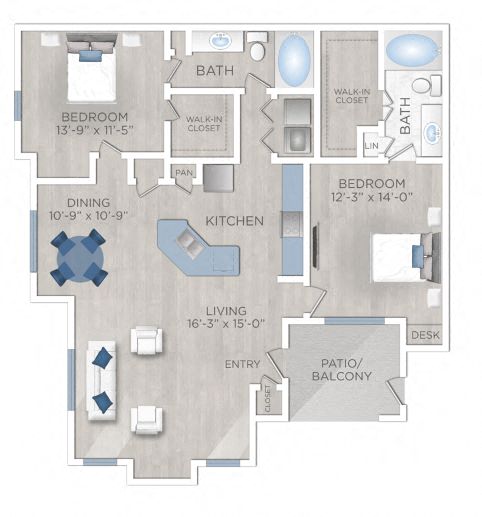 Floor plan for 2 beds, 2 baths, 1310 sqft