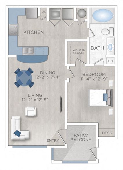 Floor plan for 1 bed, 1 bath, 693 sqft